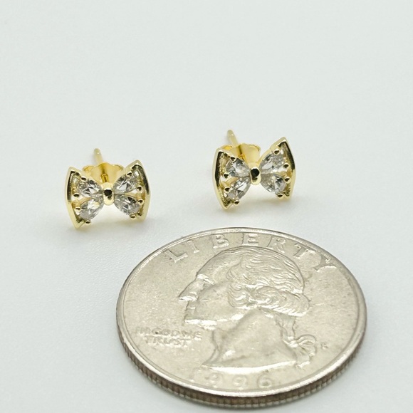 Elegant Gold Bow Zircon Earrings 925 Sterling Silver Posts - Picture 6 of 6
